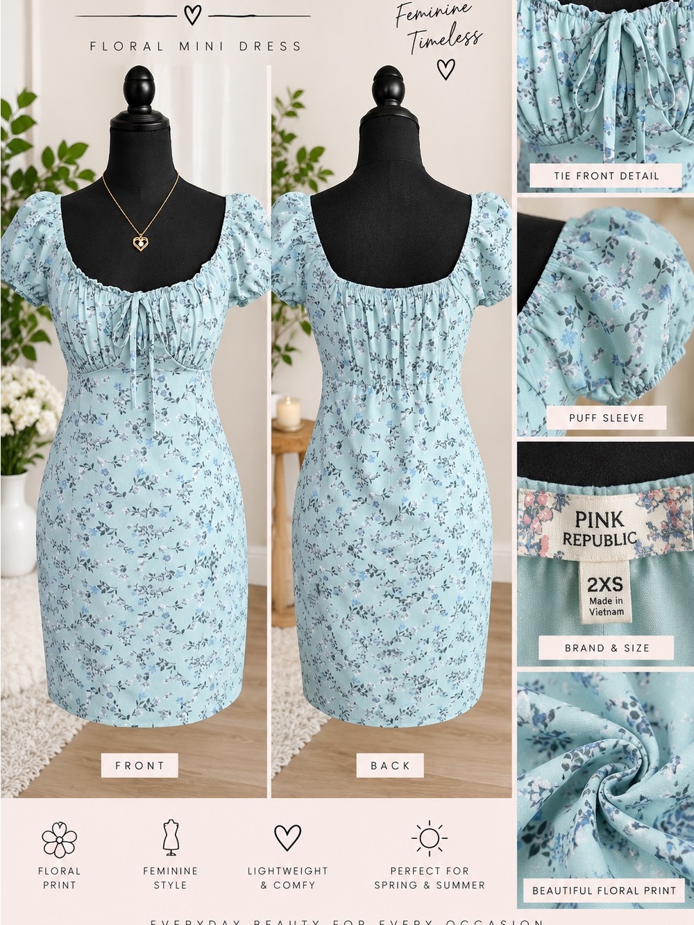 Pink Republic Light Blue Floral Tie-Front Mini Dress